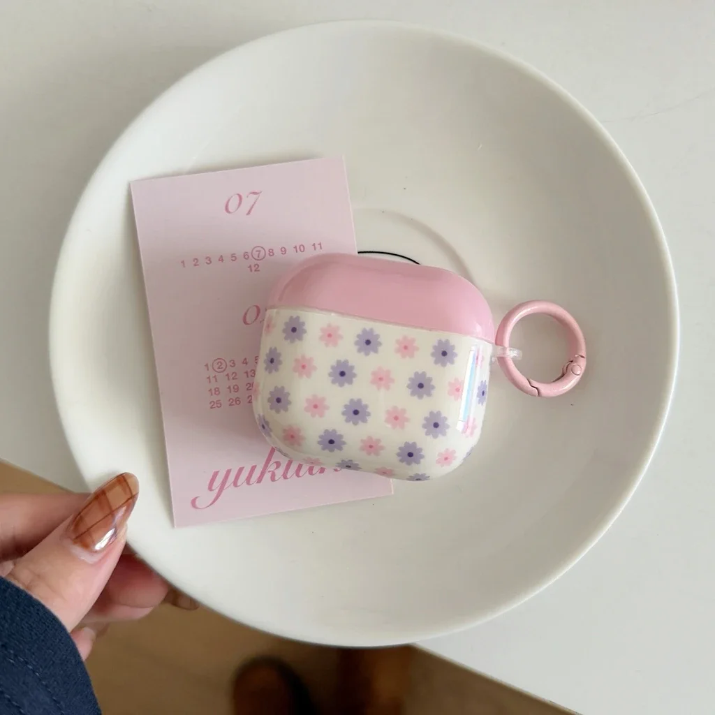 Dulce rosa púrpura pequeña flor con gancho a prueba de golpes funda protectora para auriculares para AirPods 1 o 2 3 4 Pro 2 Pro 3