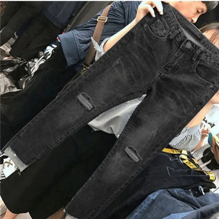 Women's Korean Fashion High-waisted Slim-fit Cropped Pencil Denim Pants Ripped Jeans