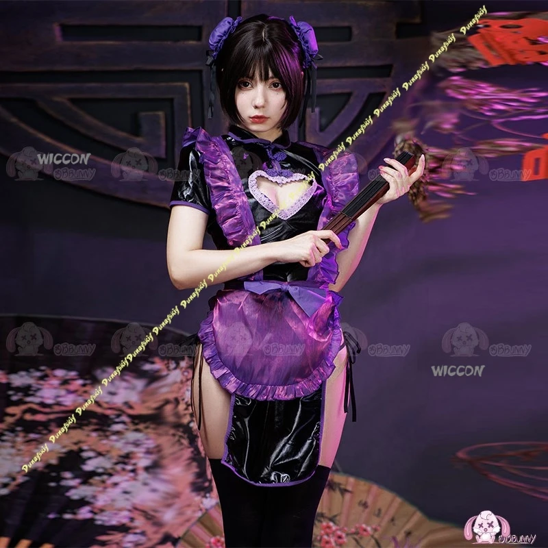 Disfraces de Cosplay morados, vestido de sirvienta, corazones ahuecados, Cheongsam, juego de rol, falda Sexy para niñas y mujeres, diario, Navidad y Halloween