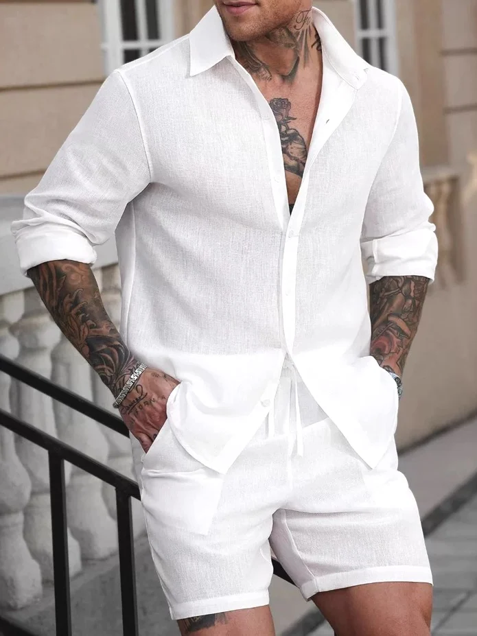 

Retro Cotton Linen Shirt Set Men's Thin Slim Fit Sun Protection Long Sleeve Lyocell Linen Five-Part Short Pants Two-Piece Set