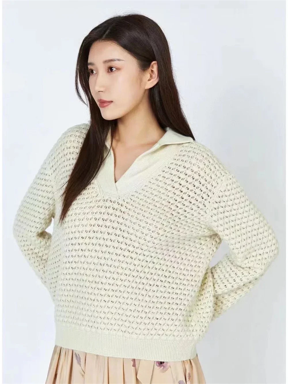 Sweater for Women 2023 New Crochet Hollow Out Turn Down Collar Solid Color Loose Casual Long Sleeve Pullover