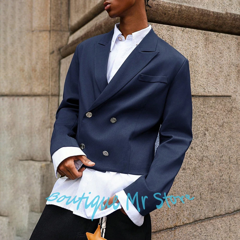 Navy Blue Cropped Double-Breasted Suits for Men Two Piece (Jacket+Pants) Set Modern Blazer Casual Formal Outerwears
