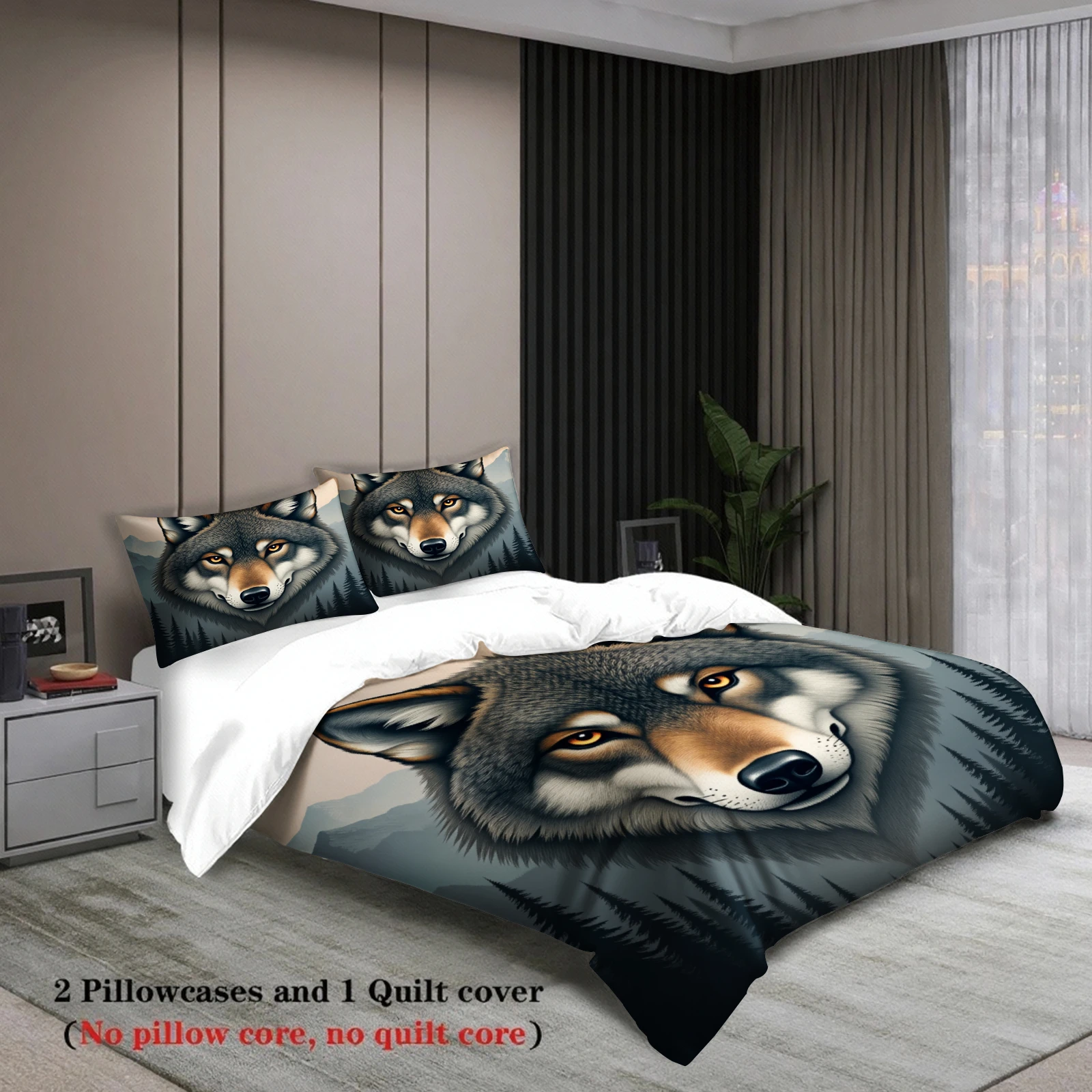 3pcs Wolf Face Bedding Sets 3D Printed Animal Pattern Breathable Easy Care Duvet Cover Sets With Pillowcases No Filling