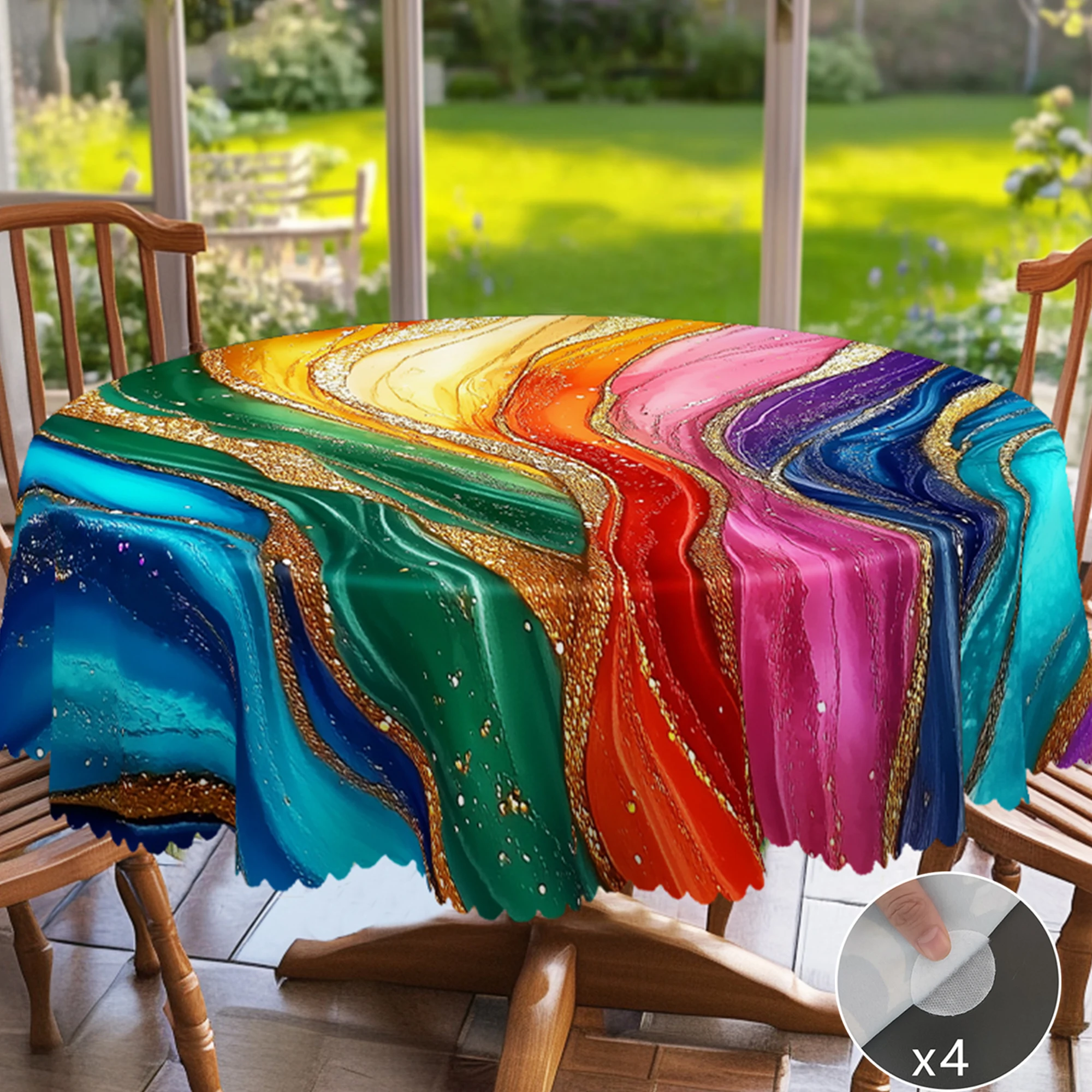1-delig marmeren thema bedrukt tafelkleed, landelijke boerderijstijl, rijk marmeren strepenpatroonontwerp met felle kleuren voor lente en zomer, campingstijl picknick, vakantiefeest,