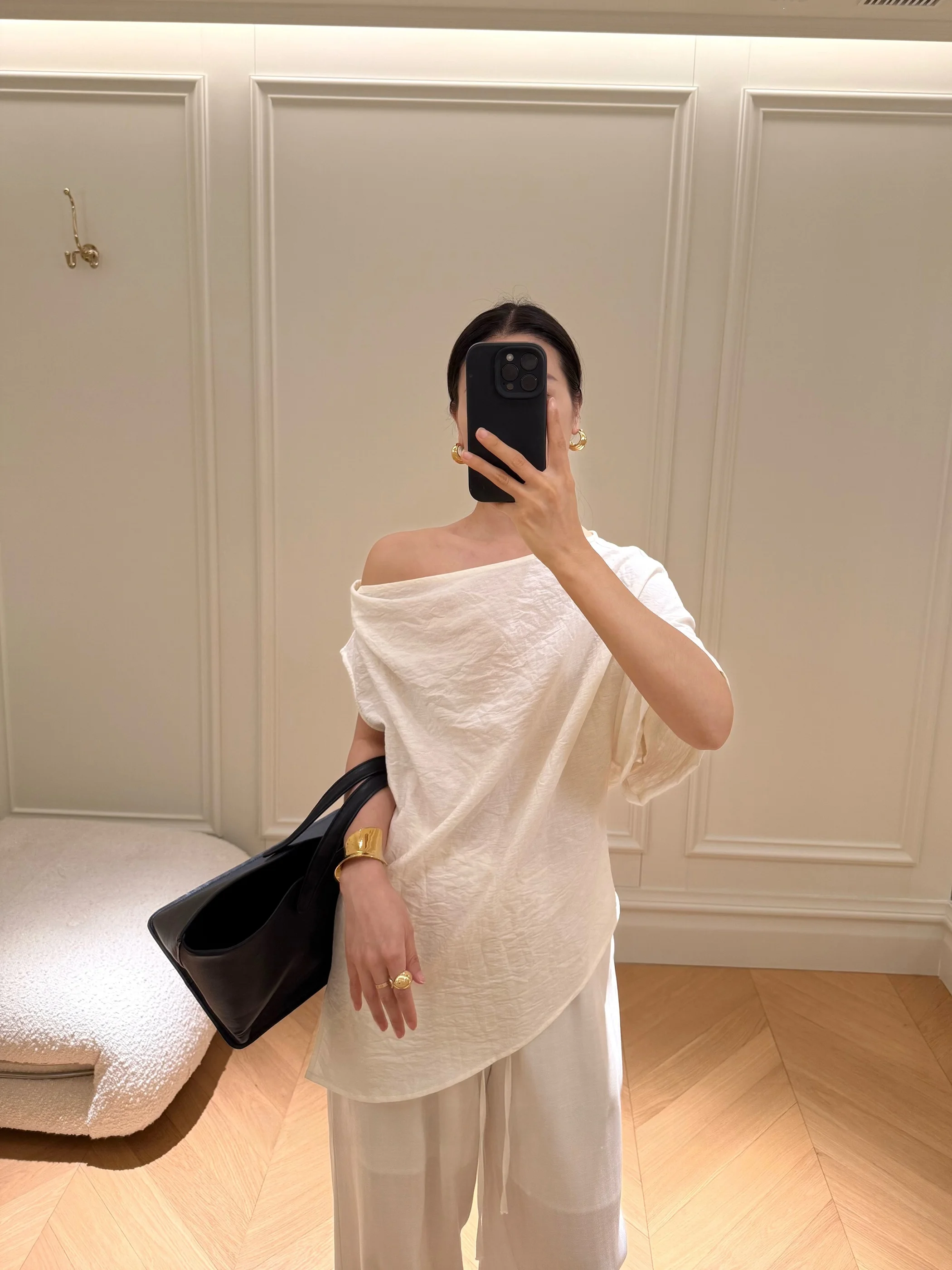 

DALII OFFICIAL Artistic Loose Texture Design Asymmetrical oulder Linen irt Simple Commute Sle Regular Length Sve