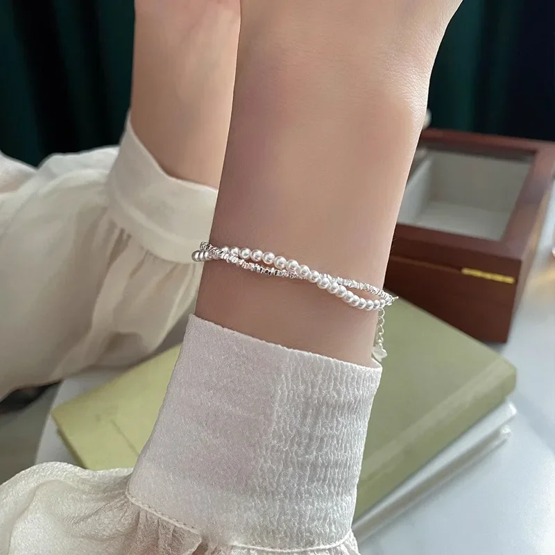 Vintage 925 Sterling Silver Bracelets Pearl Bead Bracelets for Women Fashion Korean Double Layer Charm Bracelet Party Jewelry