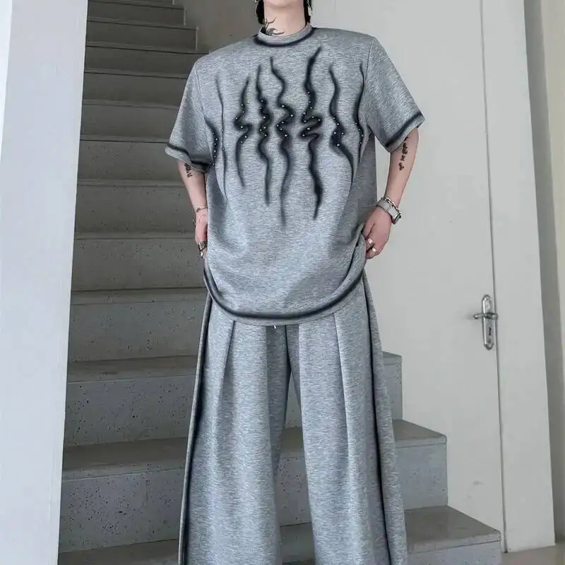 Piece Men's Two Set Summer New Loose Casual Flame Print Spray Washed Short Sleeve T-shirt And Outfit Wide Leg Pants GWXN view 6