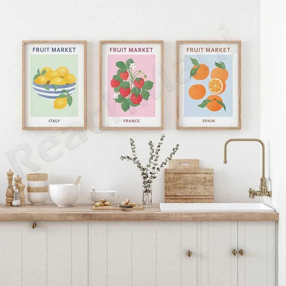 Fruit Market Print , Abstract Fruit Print, Botanical Poster, Lemon Strawberry Orange Wall Art, Colourful Wall Art