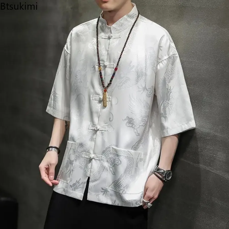 Mens Chinese Style Ice Silk Short-sleeved Shirt Summer Thin Buckle Dragon Pattern Half-sleeved Large Size Loose Tang Suit Shirt