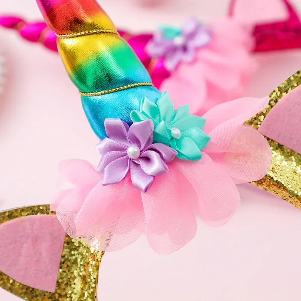 Unicorn Flower Headband Colorful Rainbow Horse Hair Band Happy Girls Princess Birthday Party Decor Unicorn Hair Accessory