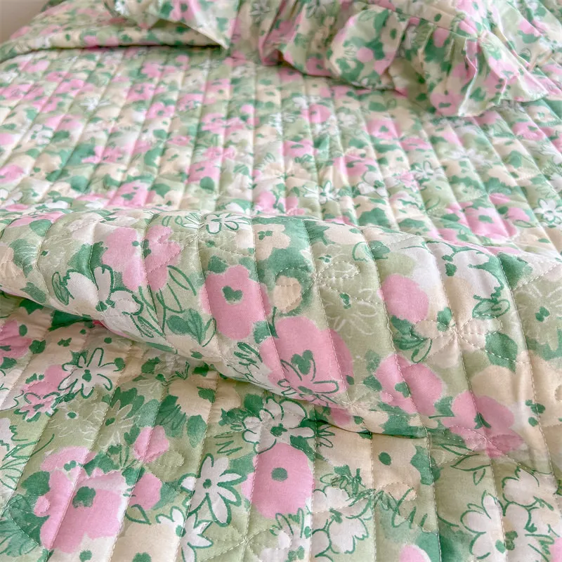 Quilted Thick Bed Sheet Set for Girls Korean Cotton King Size Bedspread Floral Chiffon Ruffle Queen Double with 2 Pillow Shams