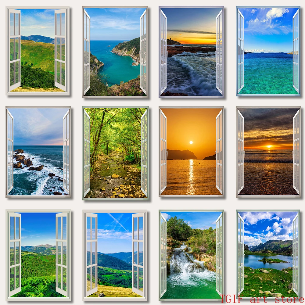 Affiches de paysage de plage, effet de fenêtre, coucher de soleil, cascade de montagne, vue sur la mer, peinture sur toile imprimée, Art mural, décoration de maison pour salon