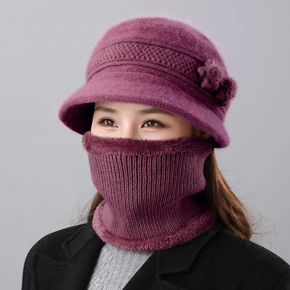 Hat Scarf Set Imitation Rabbit Fur Hat Women’s Winter Hat Scarf Set Soft Elastic Warm Basin Cap with Imitation Rabbit Fur