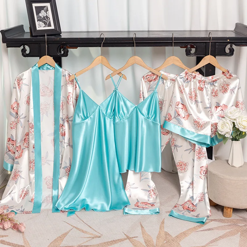 Women's Pajamas Sleepwear Five Piece Set Print Flower Kimono Bathrobe Gown Lingerie Casual Satin Homewear Nightdress Loungewear