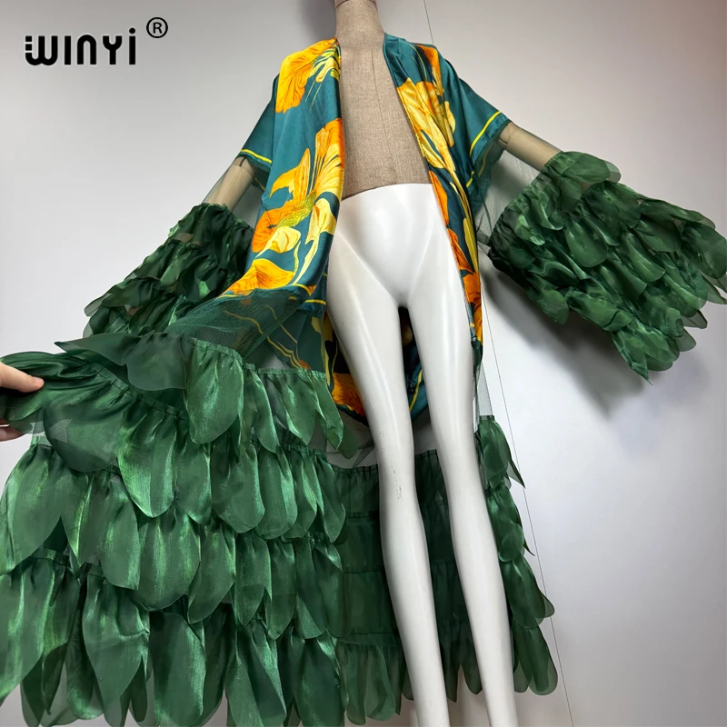 Winyi moda oriente médio quimonos abaya dubai luxo para mulher sexy rendas cardigan roupas de praia praia cobrir maxi casaco kaftan