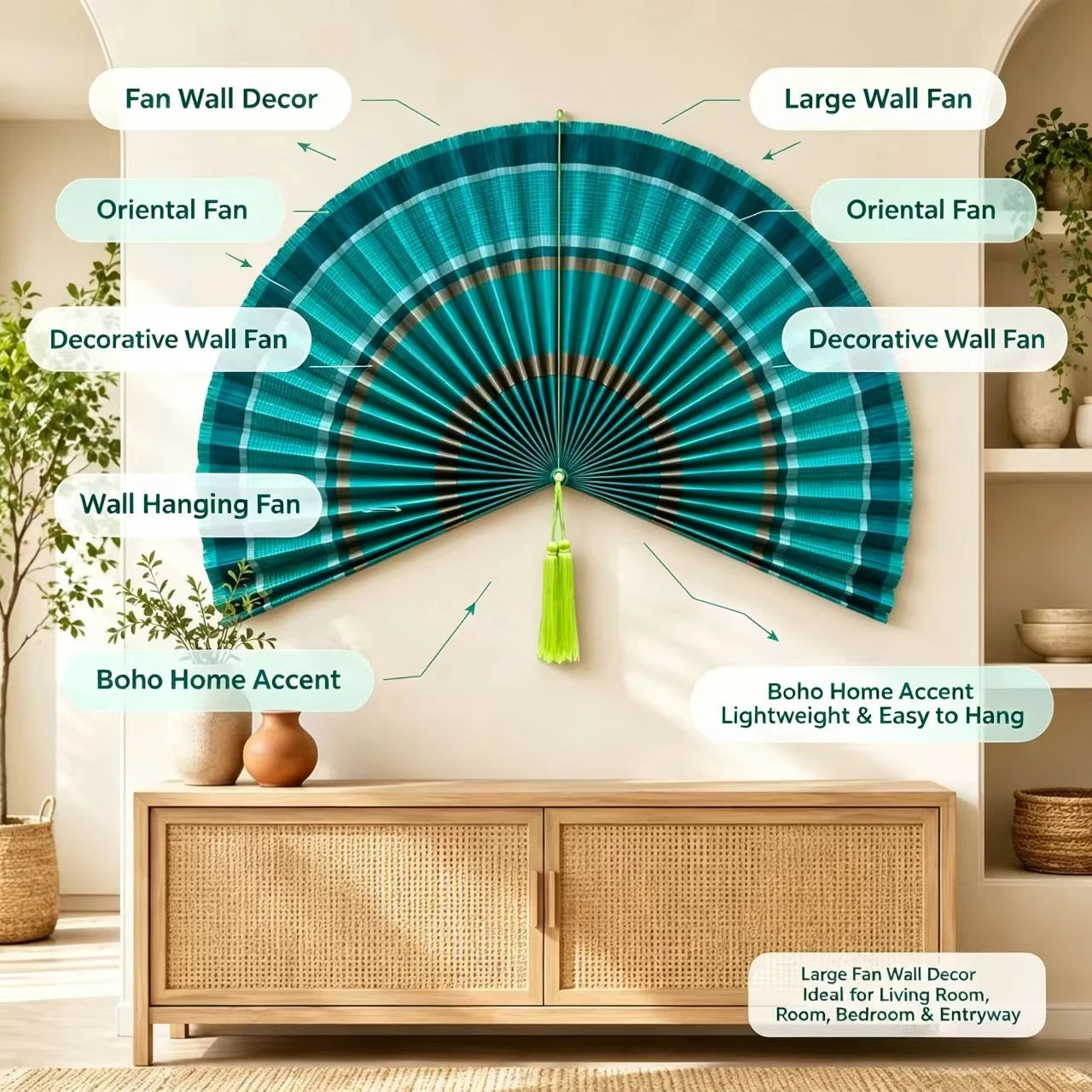 Handwoven Bamboo Wall Hanging Fan New Chinese Oriental Decor Fan, Tassel Fan Wall Art for Homestay Tea House Wedding Decor