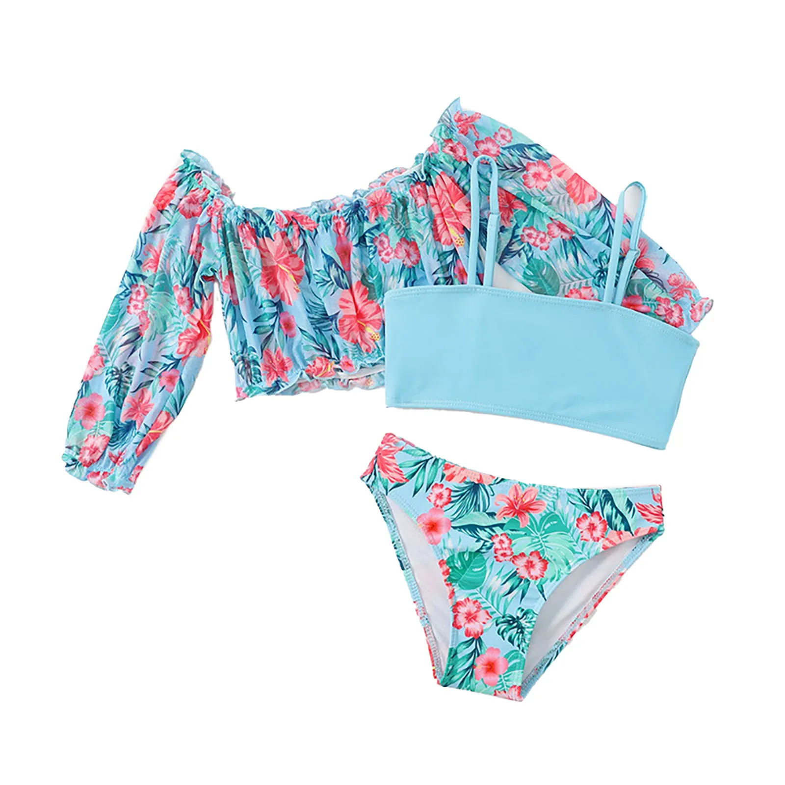 

Girls Flower Print Tankini Swimwear Rash Guard Summer Swimsuit Set with Long Sleeves Coverup Water Park Beach Wear Bathing Suit