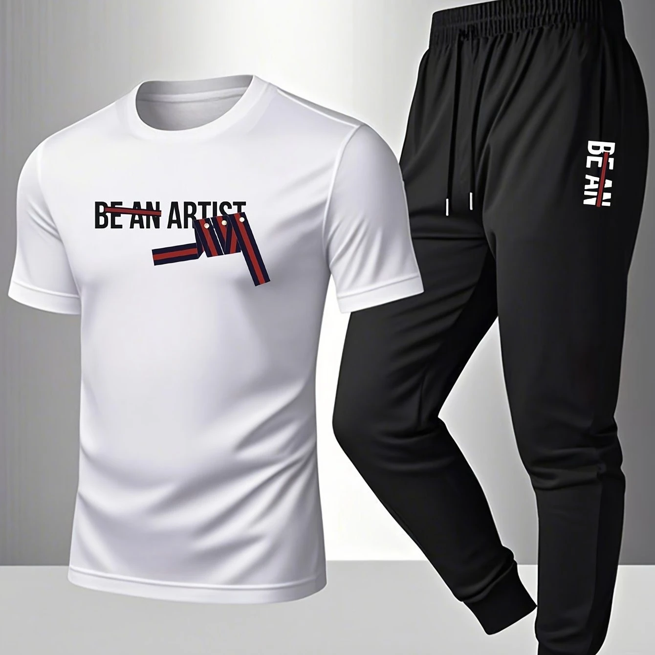 

Men's Cotton Short Sleeve T-Shirt & Casual Pants Set, Summer Printed Crew Neck T-Shirt + Drawstring Cuffed Pants