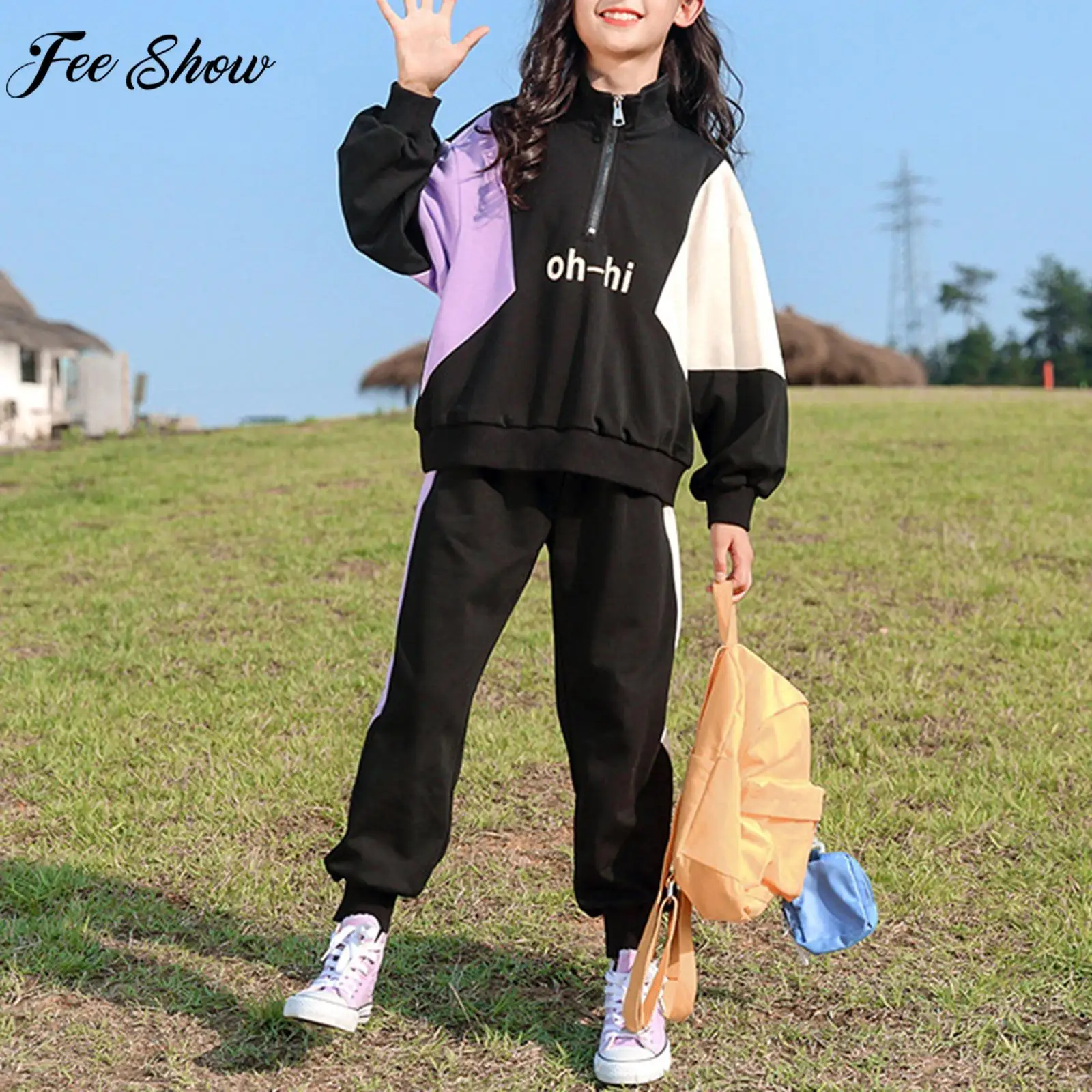 

Kids Girl Fashion Casual Sport Clothes Set Long Sleeve Half Zipper Jacket Top with Pants Jazz Dance Outfit Streetwear Sportswear