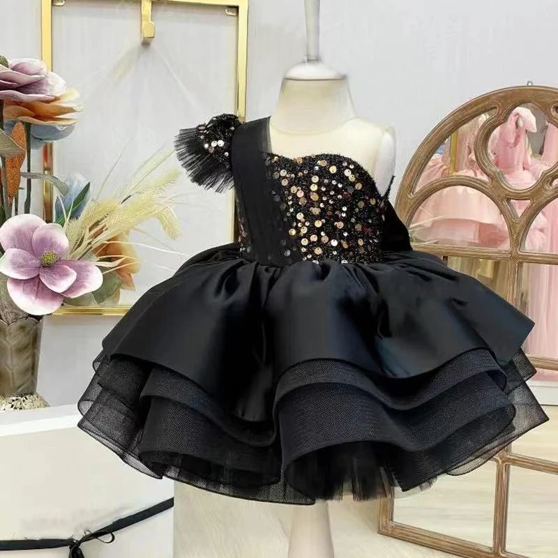 Girls Party Dresses Children Tutu Costume Black Sequins Elegant Kids Formal Evening Dress For Girl Birthday Wedding Prom Gown