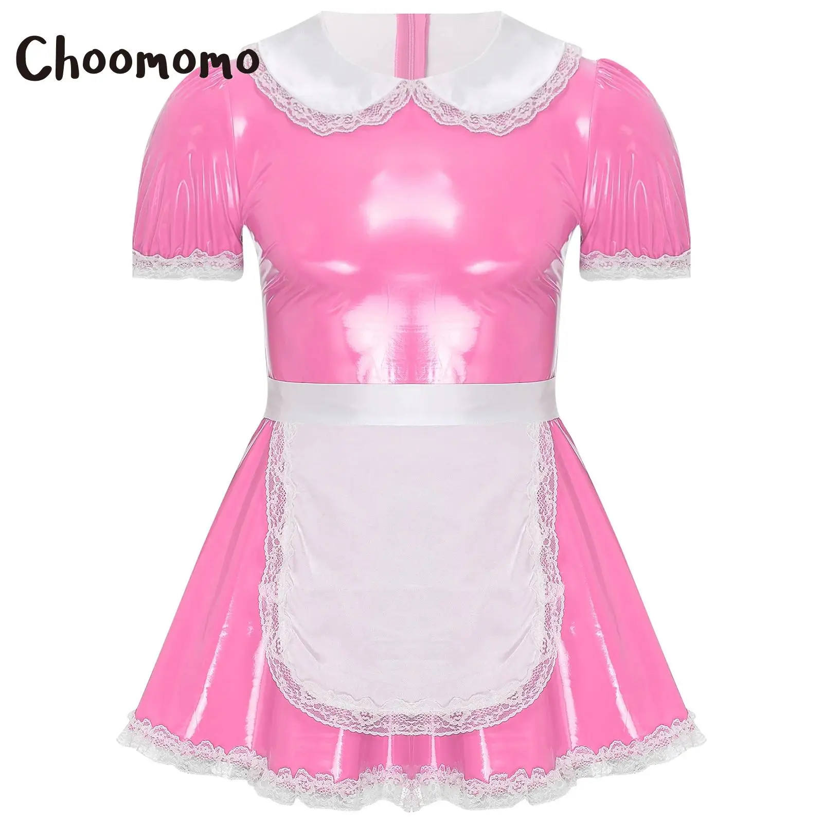 Mens Sissy French Maid Uniform Short Sleeve A-Line Dress with Apron Maidservant Anime Cosplay Halloween Lolita Fancy Dress