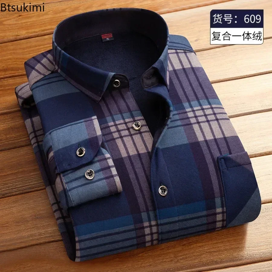 New Men\'s Business Shirts 2024 Autumn Winter Fleece Warm Shirt Man Lapel Single-breasted Long Sleeve Shirts Casual Shirt for Men