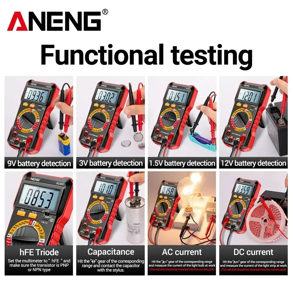 ANENG SZ305 المهنية المتعدد 1999 التهم التيار المتناوب/تيار مستمر جهاز قياس الجهد الكهربائي مقياس التيار الكهربائي مكثف hFE الصمام الثلاثي هرتز كاشف أدوات كهربائي