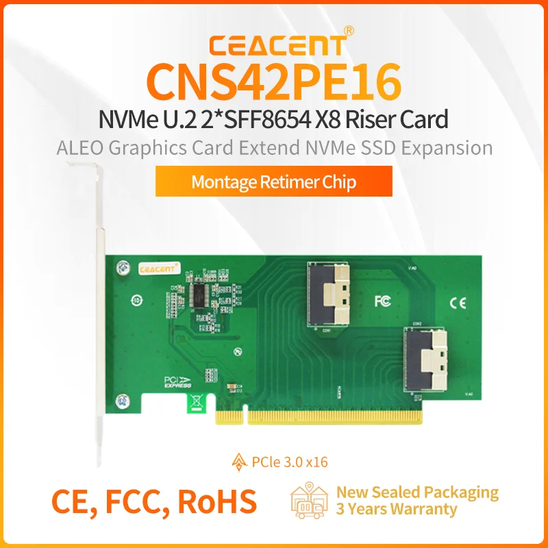

CEACENT CNS42PE16 2 Port SlimSAS x8 SFF8654 Adapter PCIe 3.0 x16, PCIe 4.0 Compatible For ALEO, Multi-GPU Solutions, PCIe Extend