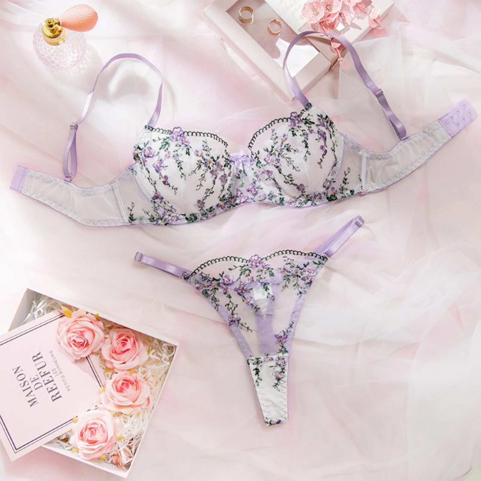 

Women's Sexy Mesh Lingerie Set Floral Embroidery Sheer Push Up Bra and Thong 2pcs Erotic Set for Naughty Babydoll Sleepwear