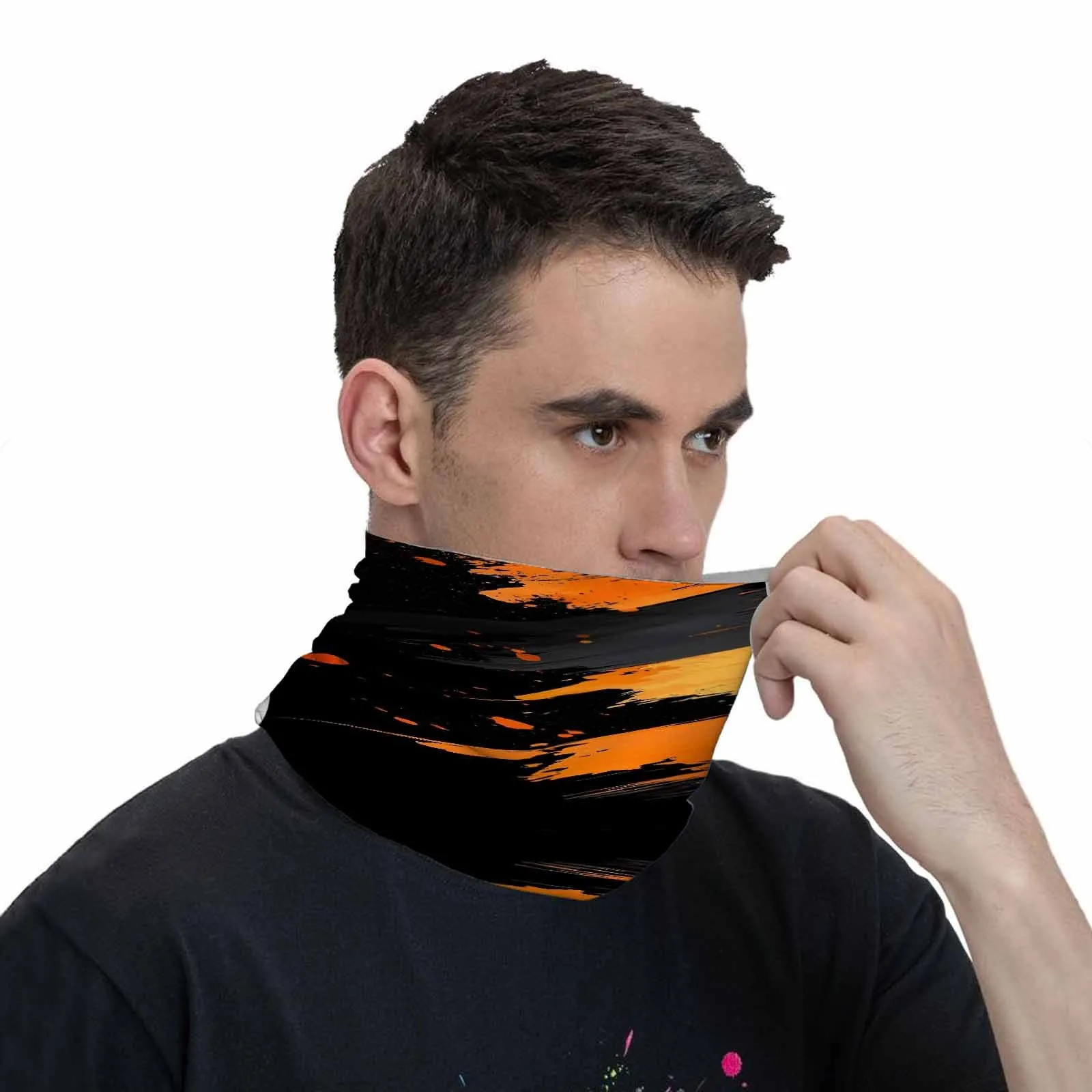 Customization Abstract, Black And Orange, Brush Strokes Novel Design Multi Functional Print Scarf Suitable Outdoor Men Women