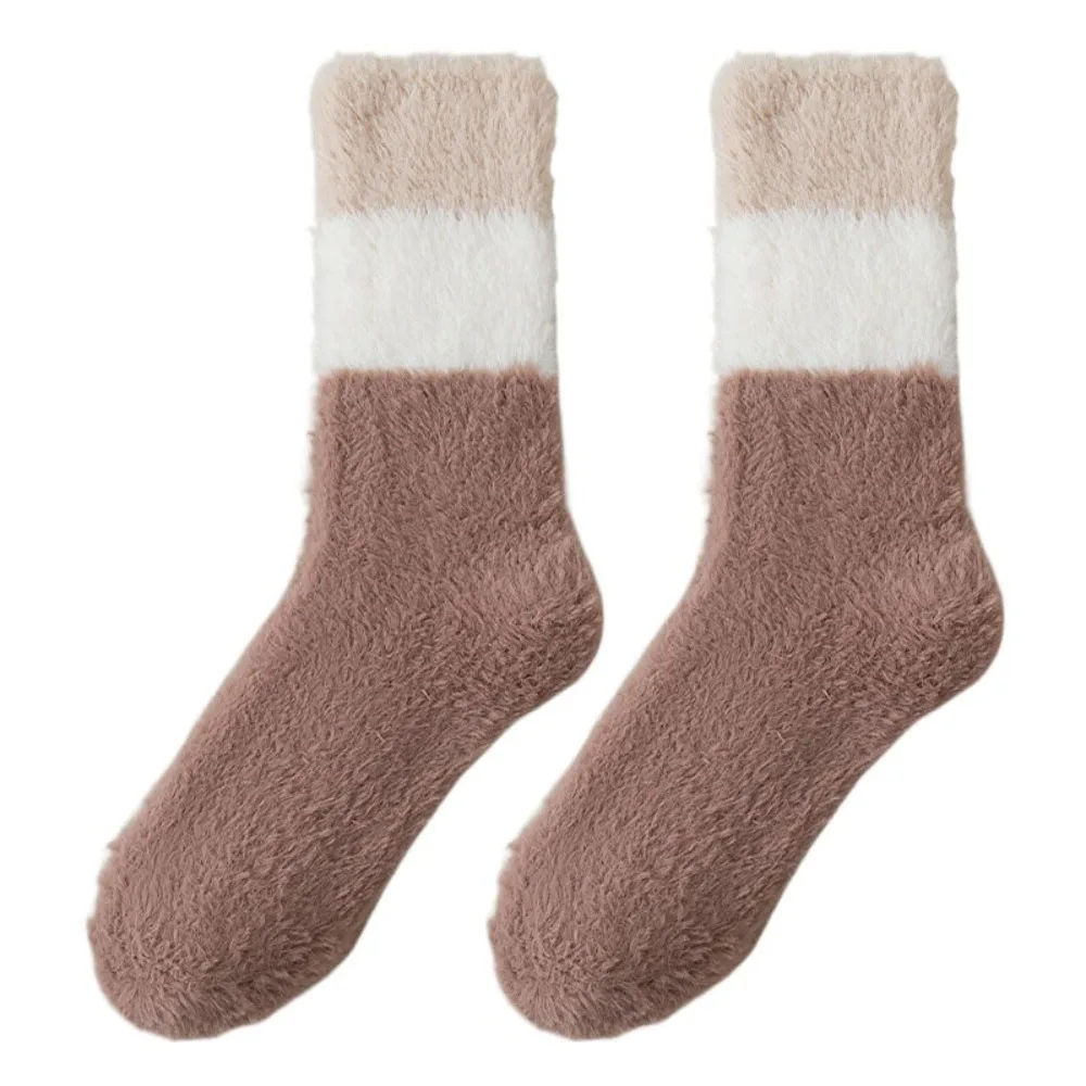 

Cute Thicken Warm Coral Fleece Socks Sleeping Winter Floor Plush Socks Stripe Patchwork Hosiery Mid Tube Socks Women Autumn