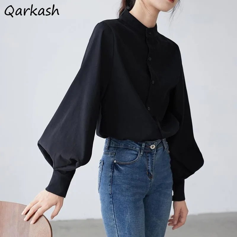 Stand Collar Shirts Women Design Minority French Style Temperament Retro Solid Lantern Sleeve Clothing Office Lady Simple Chic