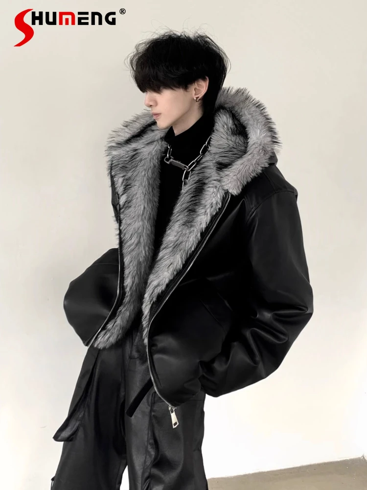 

Men's Hooded Thick Coats Large Faux Fur Collar Jackets 2025 Winter New High-End Faux Leather Jackets Male Handsome Stylish Coats