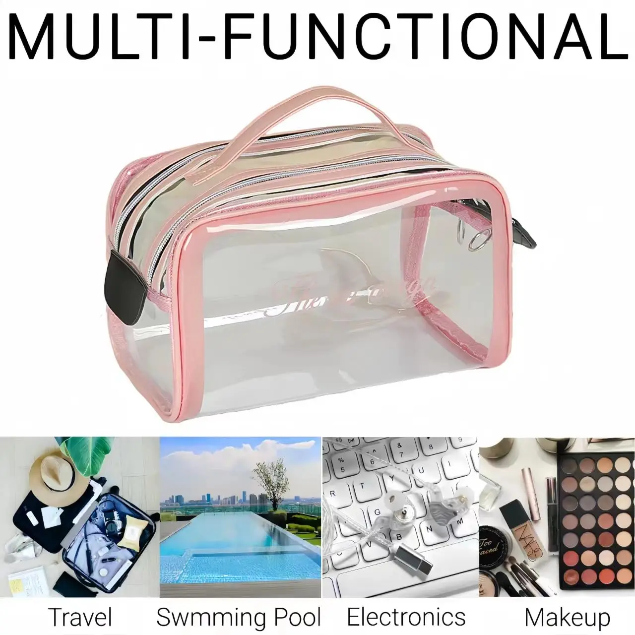 Clear Makeup Bags, Large Travel Cosmetic Zipper Pouch for Women, Transparent Makeup Organizer, Clear Travel Toiletry Bags