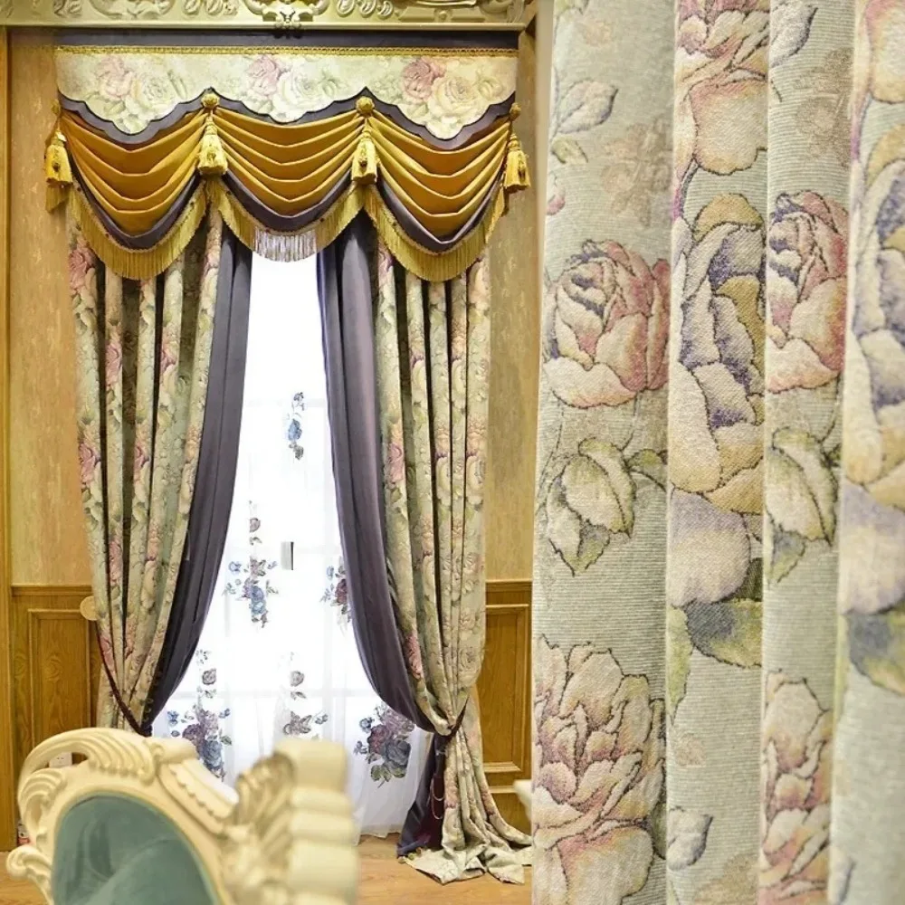 

High Grade American Jacquard Thickened Chenille Panel Blackout Curtains for Living Room Bedroom French Window Customized Valance