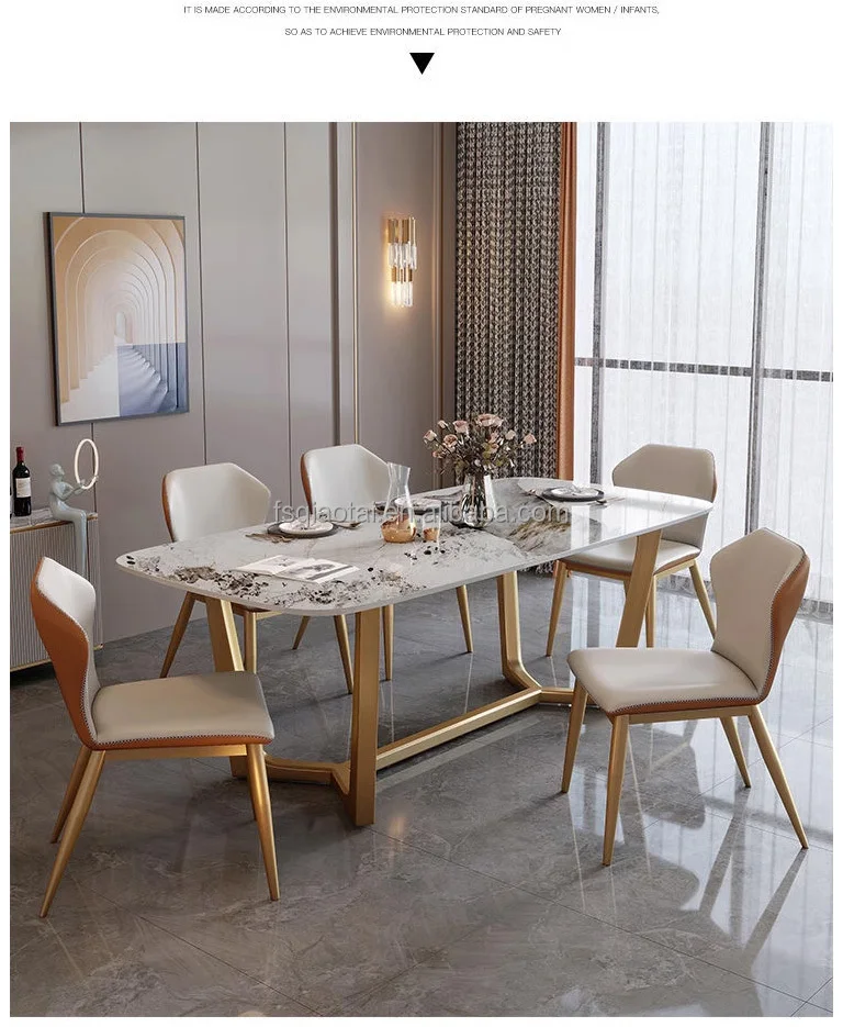 Qiaotai Furniture Modern Dining Table Stainless Steel Gold Frame Dining Room Furniture Slate Table Top Dining Table Set