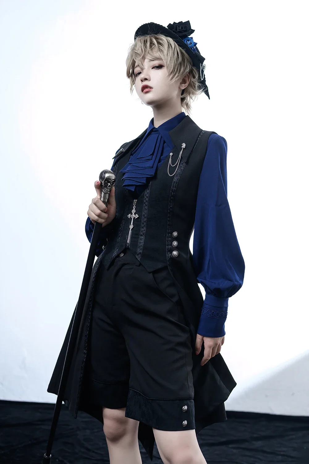 Ouji Lolita Black and Blue Vintage Lolita Medieval Lantern Sleeve Blouses Gothic Lolita Top Gray Shirt by Princess Chronicles