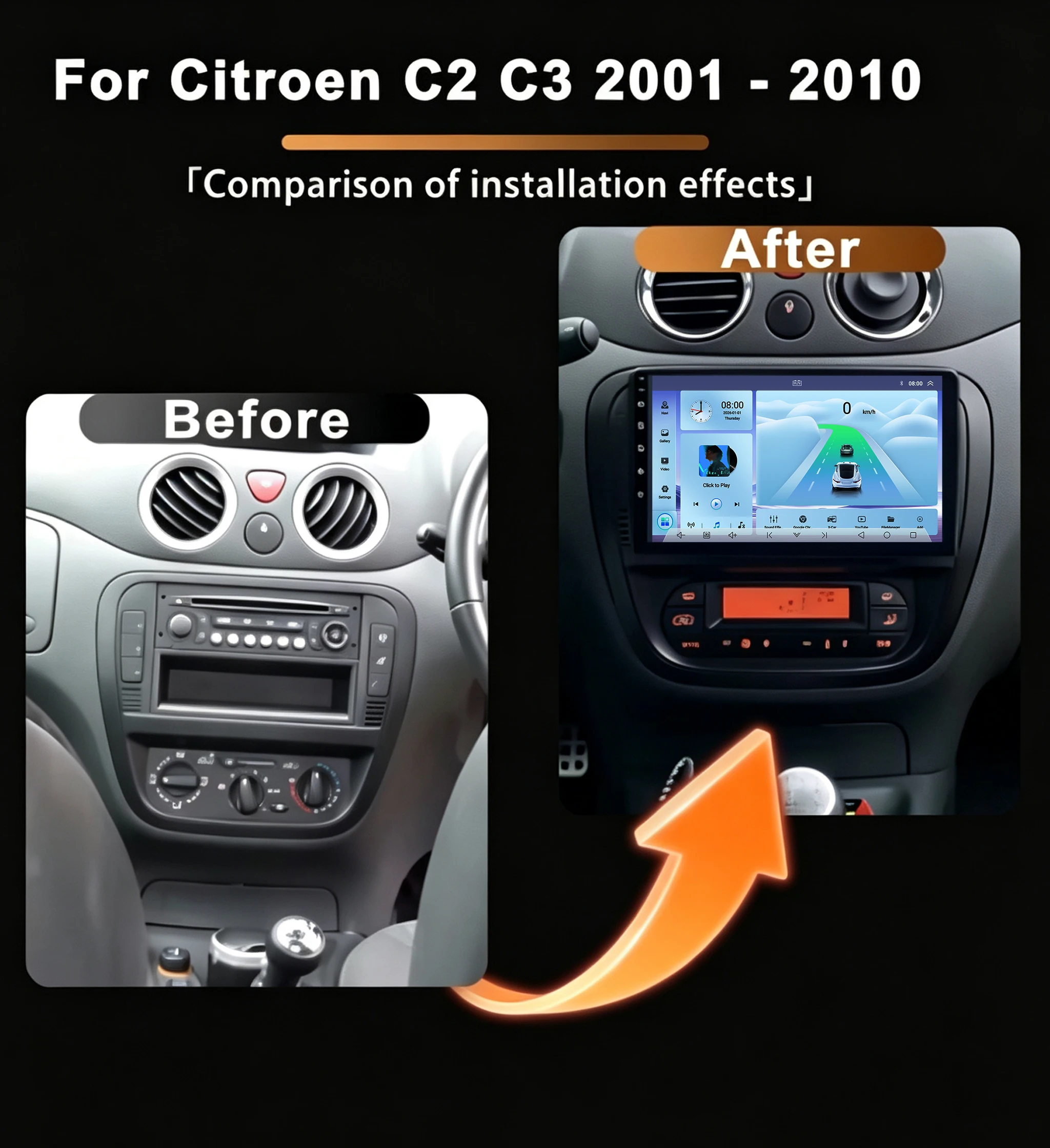 Cortex-A76 Octa-Core Android 16 Car For Citroen C2 C3 2001 2003 -2009 2010 Car Radio GPS Multimedia  2din Stereo Touch Screen BT