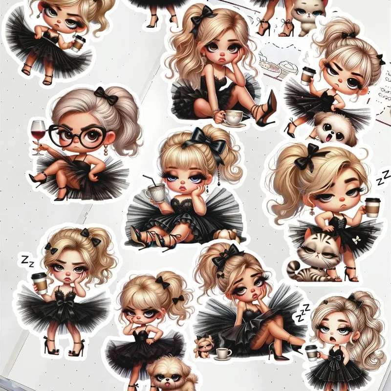17pcs Self-made Cute black puffy skirt cartoon faced girl Scrapbooking Stickers /Decorative/DIY Craft Photo Albums  stationery