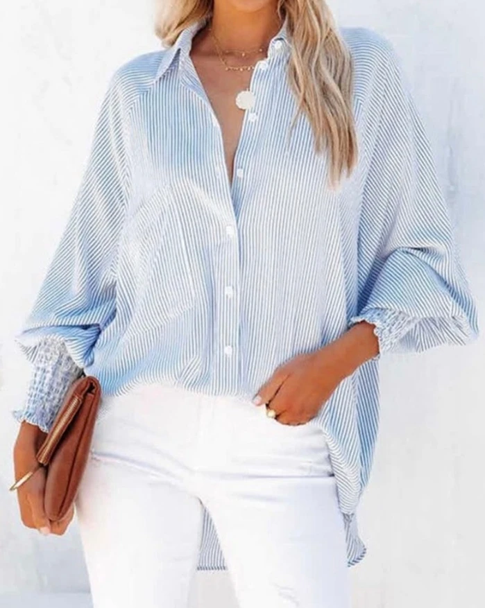 

Women's Blouses Trend 2024 Striped Lantern Sleeve Shirred Button Down Pocket Design Shirt Tops Women's Clothing