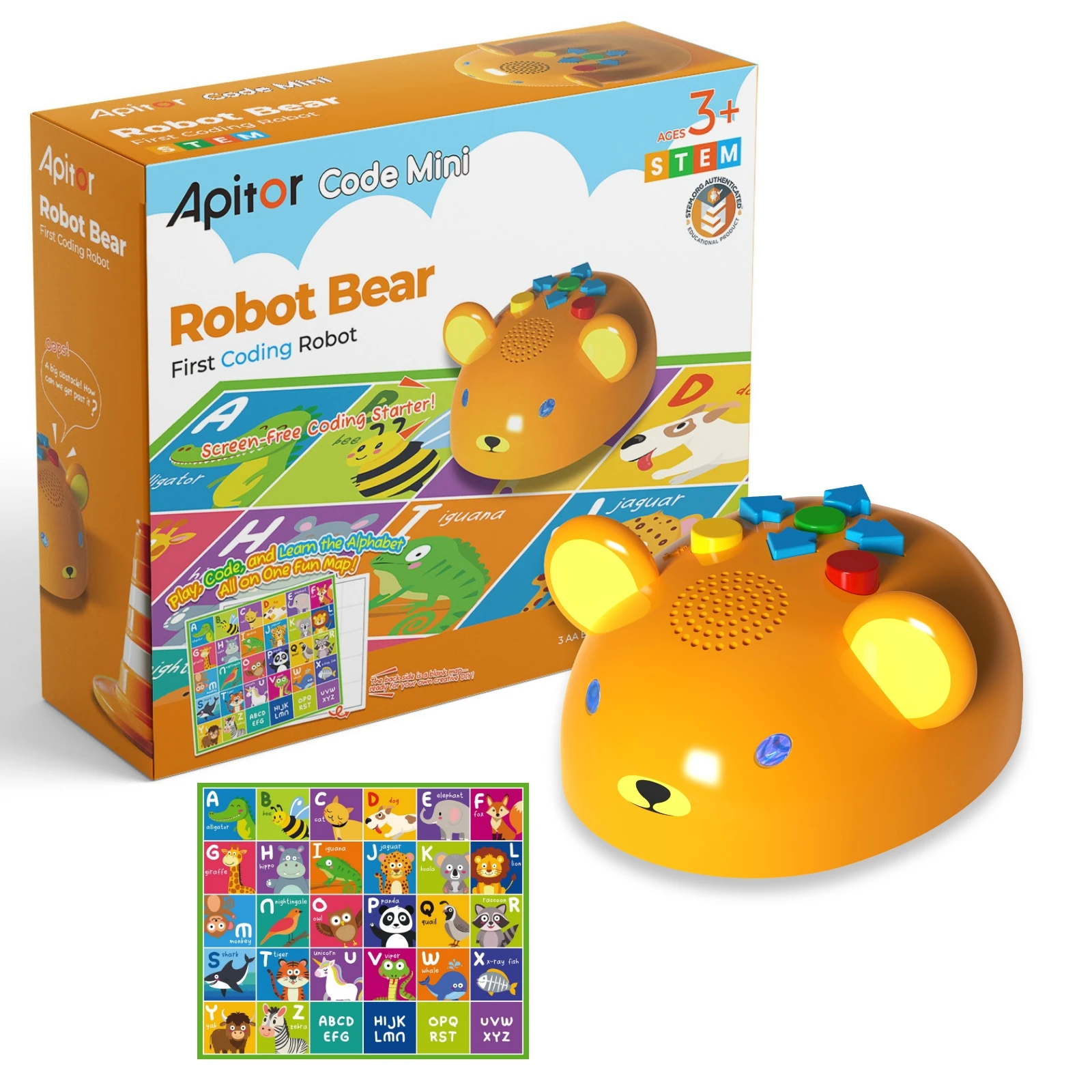 Apitor Robot Bear Screen-Free Coding Robot for Kids Ages 3-5 First Coding Toy with Lights Sounds Alphabet Map STEM Learning Gift