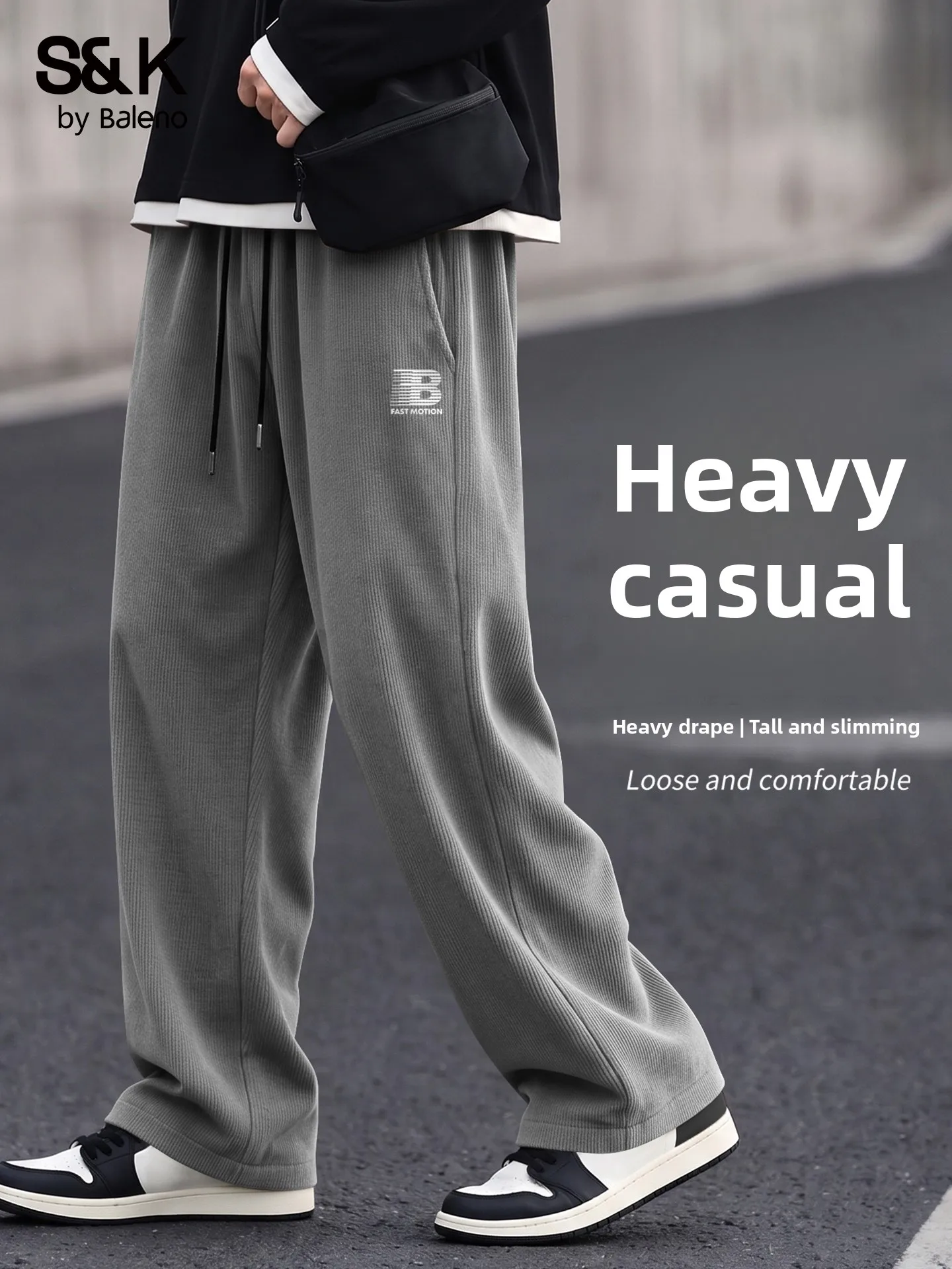 Baleno American Style Fleece Lined Casual Pants Men's mid Grey Straight Leg Heavyweight Sweatpants Autumn Season Youth Trend