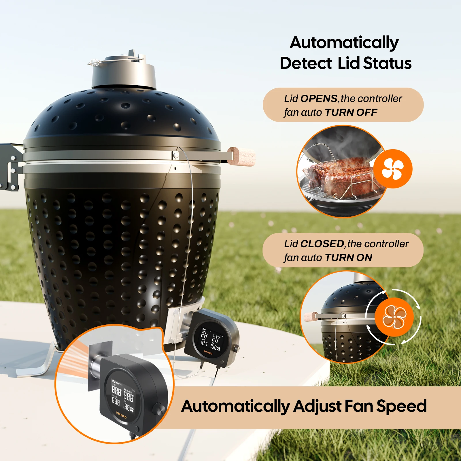 INKBIRD ISC-028BW وحدة تحكم في درجة حرارة الشواية اللاسلكية مع 5 مجسات، ومروحة مدخنة أوتوماتيكية، وأجهزة إنذار لدرجة الحرارة العالية والمنخفضة