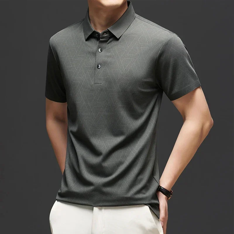 2024 Seamless Geometric Printed Summer Men's Polo Shirts Luxury Short Sleeve High Elasticity Business Casual Male T-shirts