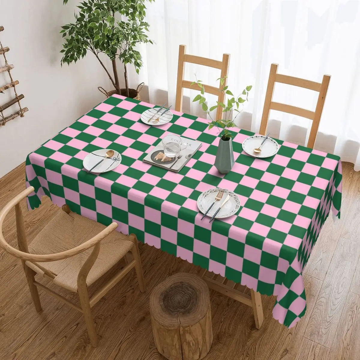 Custom Rectangular Waterproof Oil-Proof Candy Pink Cadmium Green Checkerboard Tablecloth Table Cover 45