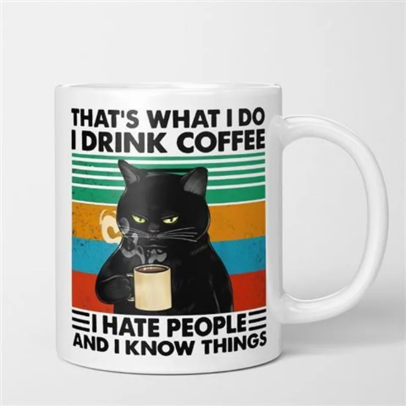 Black Cat Coffee Cups, Cute Kitten Mug for Girls Drink, Breakfast Coffee Milk Cup, Ceramic Chubby Handle, Christmas Gift Drinkwa