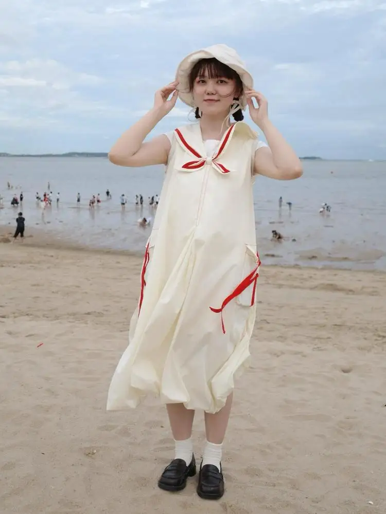 

Beach Vaion White Svel Navy Collar Dr Puffy Hem A-Line Skirt Sweet Jk Sle College Faion Long Dr
