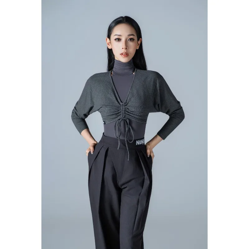 customized NANA solid color V-neck drawstring top for women's Latin modern dance outfit