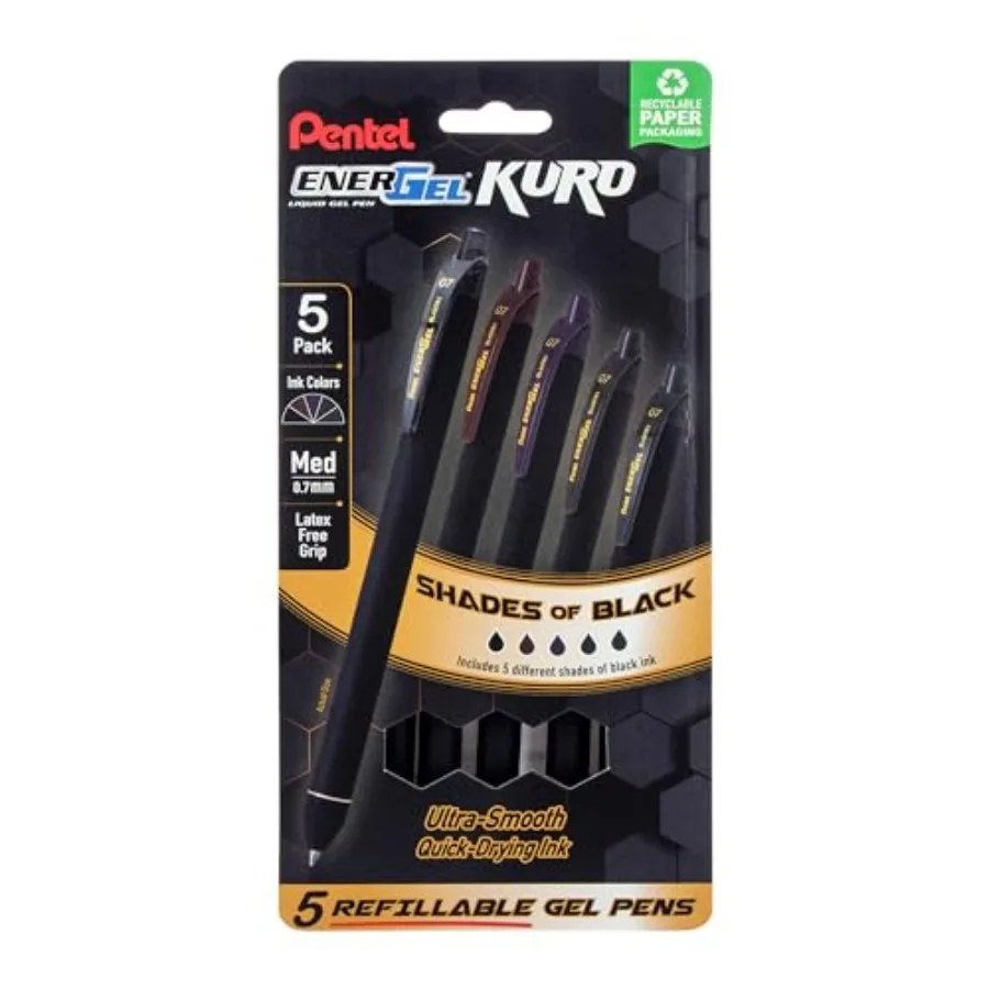 

EnerGel Kuro Retractable Liquid Gel Pen, Shades of Black, 0.7mm tip, Assorted black ink, 5 pens BL437PF5MA