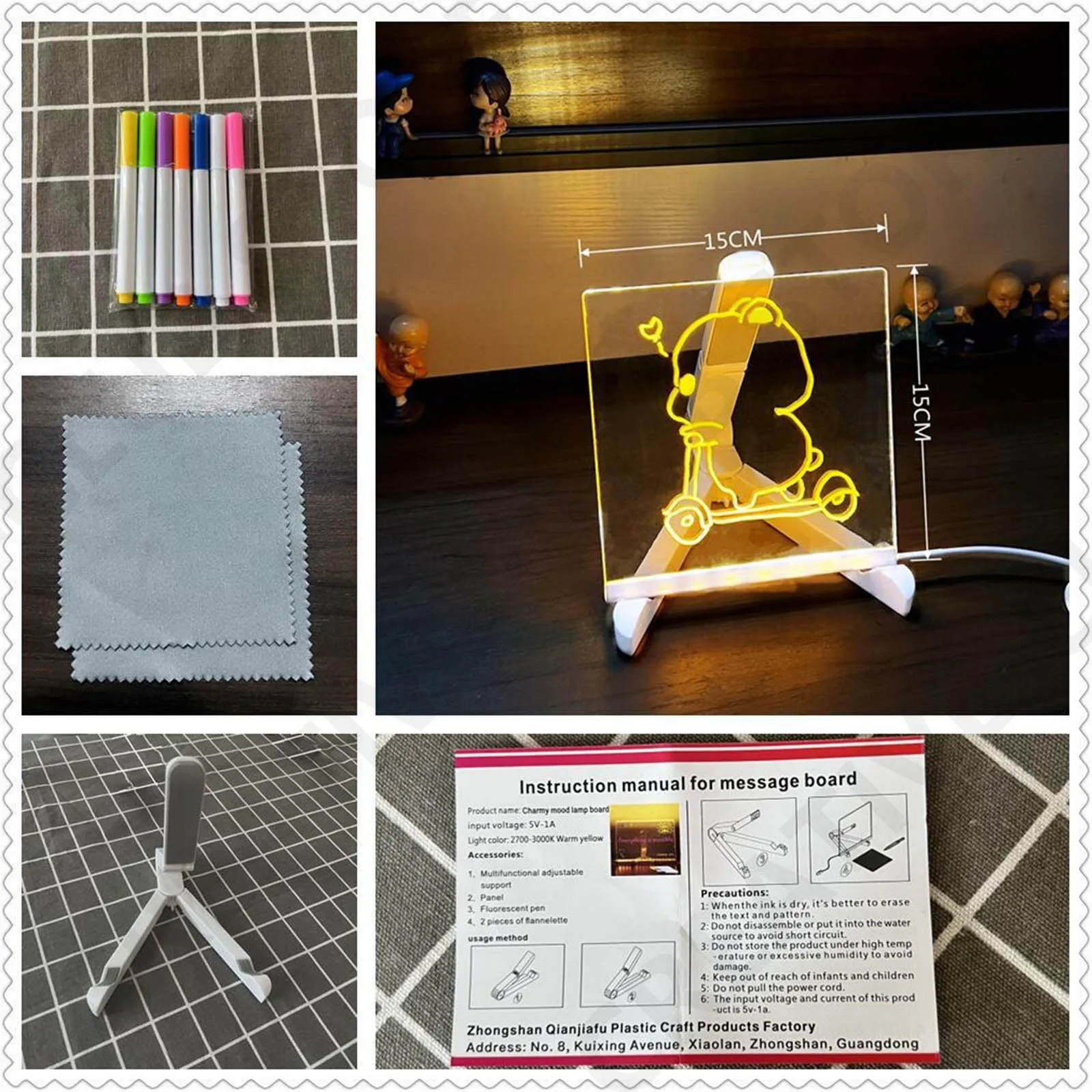 LED light up acrylic message board Erasable 15*15cm USB Children's Drawing Board DIY for Birthday Gifts Bar Advertising Boards
